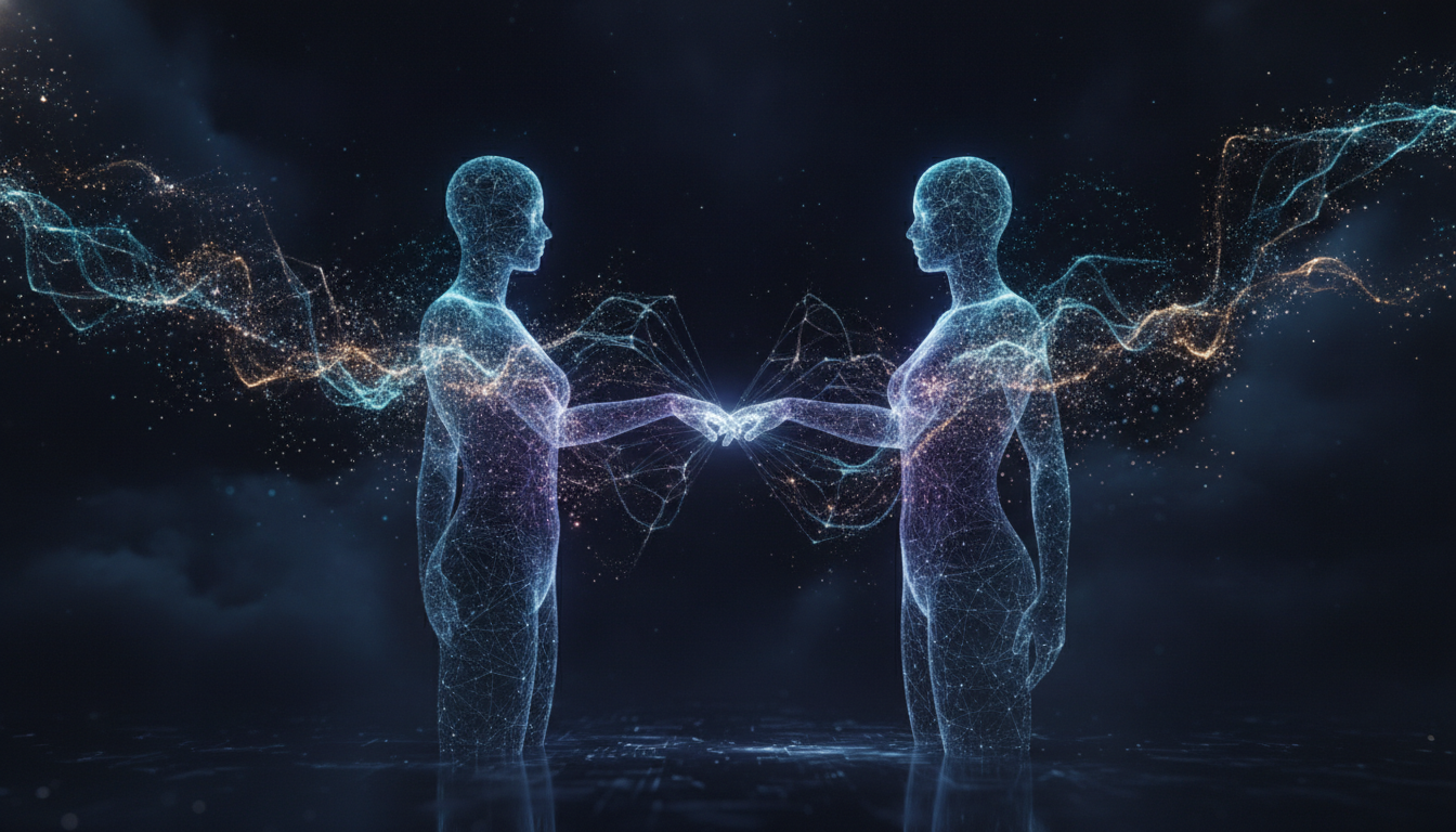 An abstract representation of human connection and technology. Two glowing digital silhouettes gently touching hands, surrounded by soft light particles and data streams. Elegant, artistic, dark background, conceptual photography.