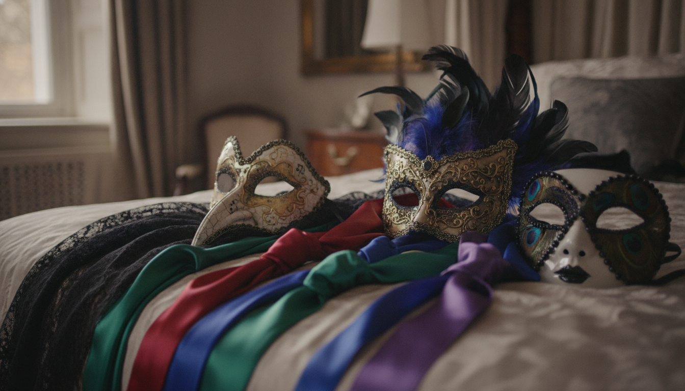 A beautifully arranged set of elegant masquerade masks and silk ribbons on a luxury bed, soft ambient lighting, sophisticated and sensual atmosphere, 4k