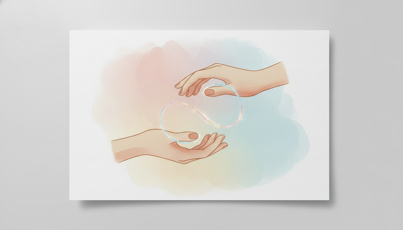 An elegant, minimalist illustration representing communication and consent. Two stylized hands gently holding a glowing thread that connects them, symbolizing connection and trust. Soft pastel background, modern and clean aesthetic.