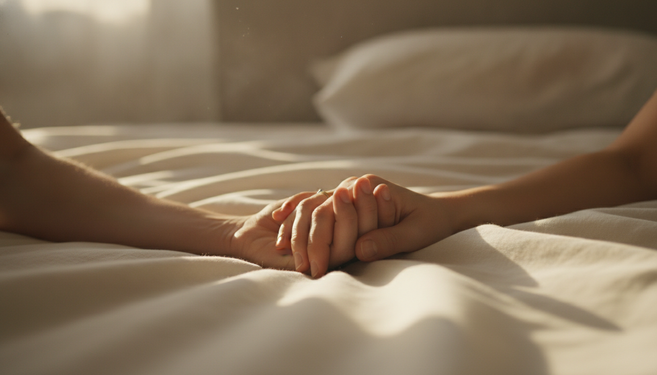 Close-up of two hands gently holding each other on soft, neutral-colored bedsheets. Gentle morning sunlight filtering through a window, creating a warm, cozy, and emotional atmosphere. Shallow depth of field, high-end lifestyle photography.