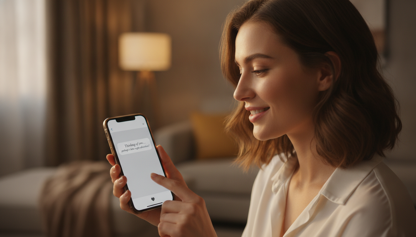 A close-up of a woman smiling while looking at her smartphone, receiving a suggestive but elegant text message, warm lighting, soft focus background, modern lifestyle.