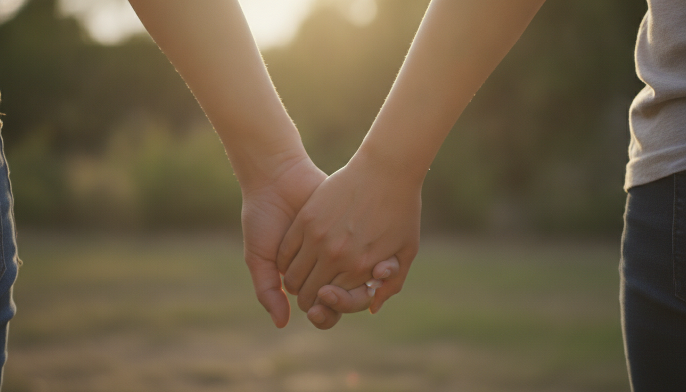 A close-up shot of two people gently holding hands, warm lighting, soft focus, showcasing a moment of tender connection and emotional support, natural colors.
