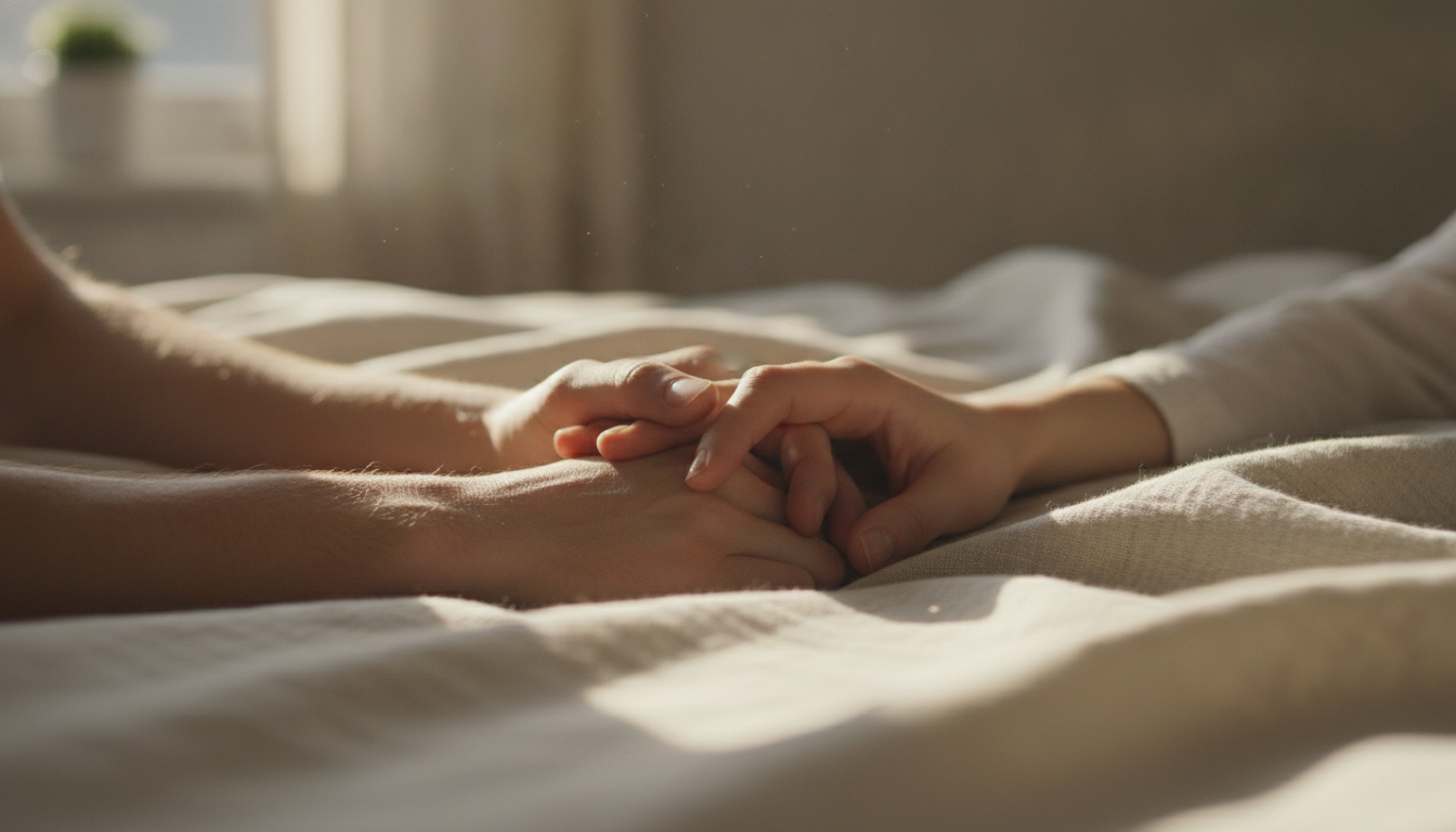 A close-up of two hands gently holding each other on a soft, textured bed sheet, warm morning light filtering through the window, peaceful and intimate atmosphere, high detail