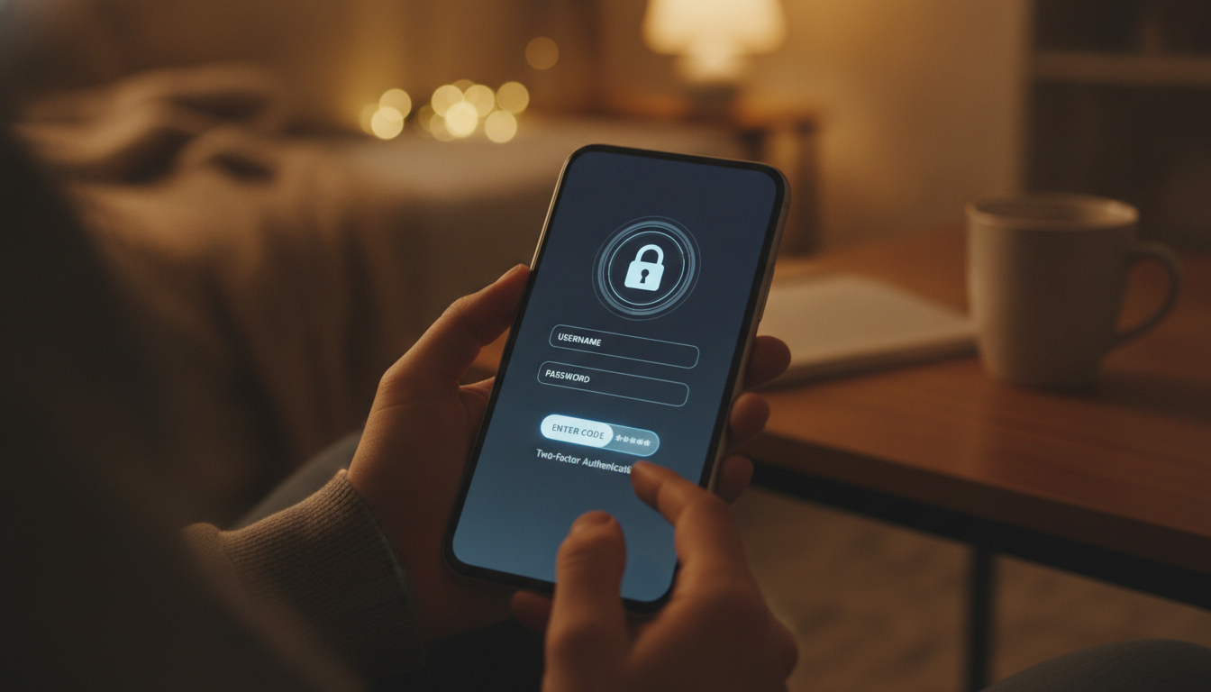 A person's hands holding a smartphone in a dimly lit, cozy room. The screen shows a secure login interface with two-factor authentication, soft focus, warm tones, representation of digital privacy.