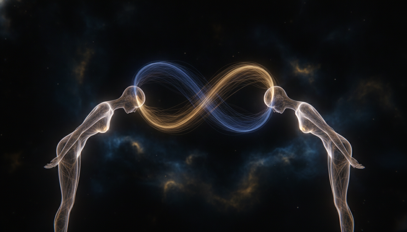 A conceptual and minimalist illustration representing human connection and shared imagination, two glowing elegant silhouettes leaning towards each other with soft waves of light connecting their minds, dark background with deep blue and gold colors.