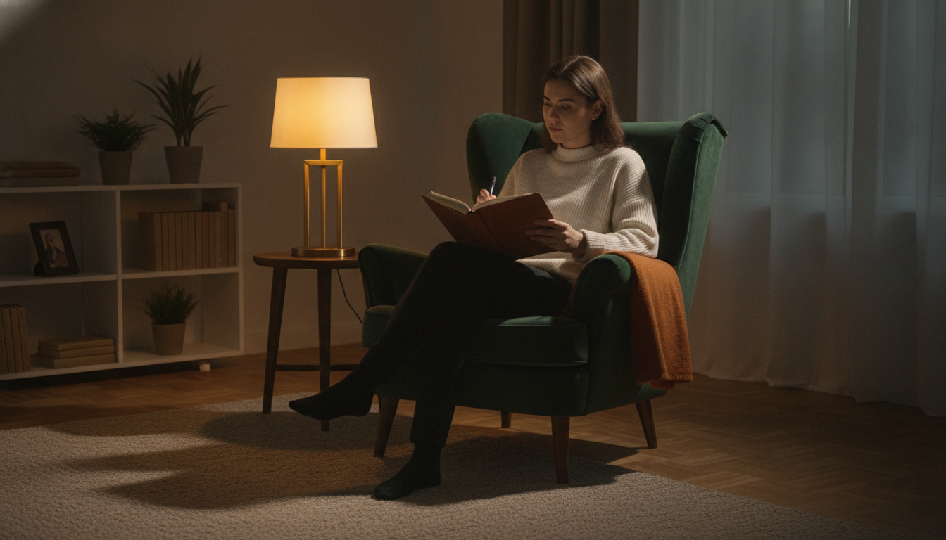 A cozy, dimly lit modern room. A person sitting on a comfortable velvet armchair, writing in a journal with a thoughtful and relaxed expression. Warm golden light from a table lamp, soft shadows, intimate and peaceful atmosphere, photorealistic.