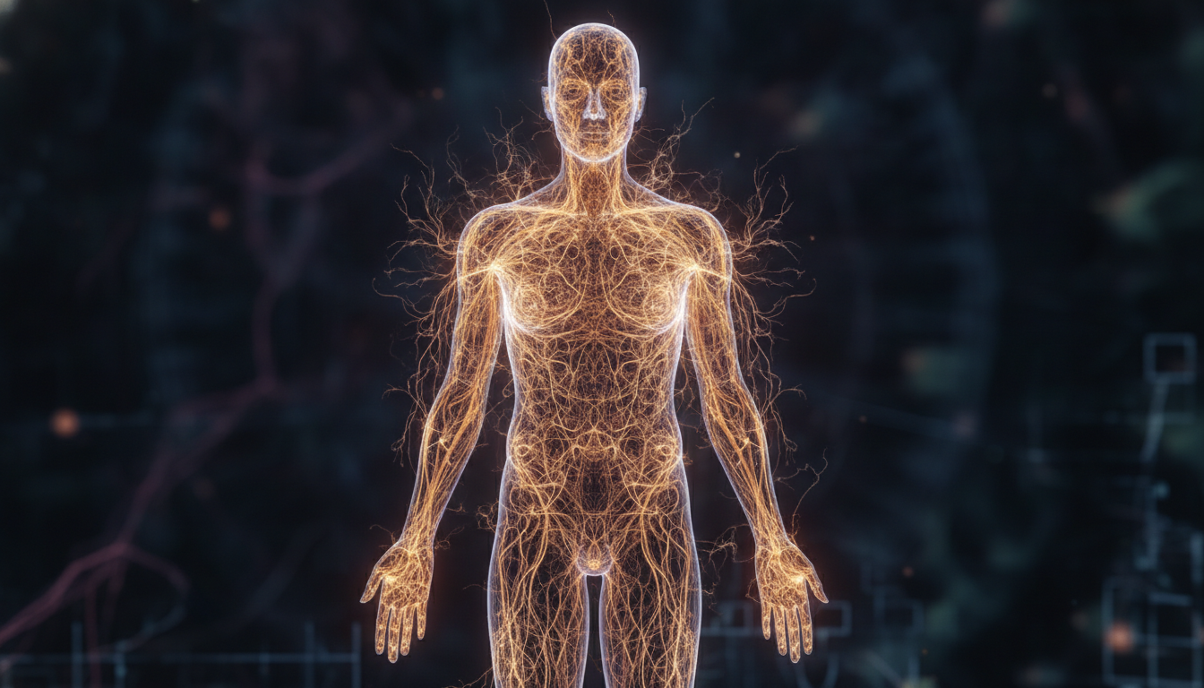 Abstract conceptual illustration of a human silhouette with glowing warm light pathways representing sensory nerve endings and touch sensitivity, elegant and scientific style.