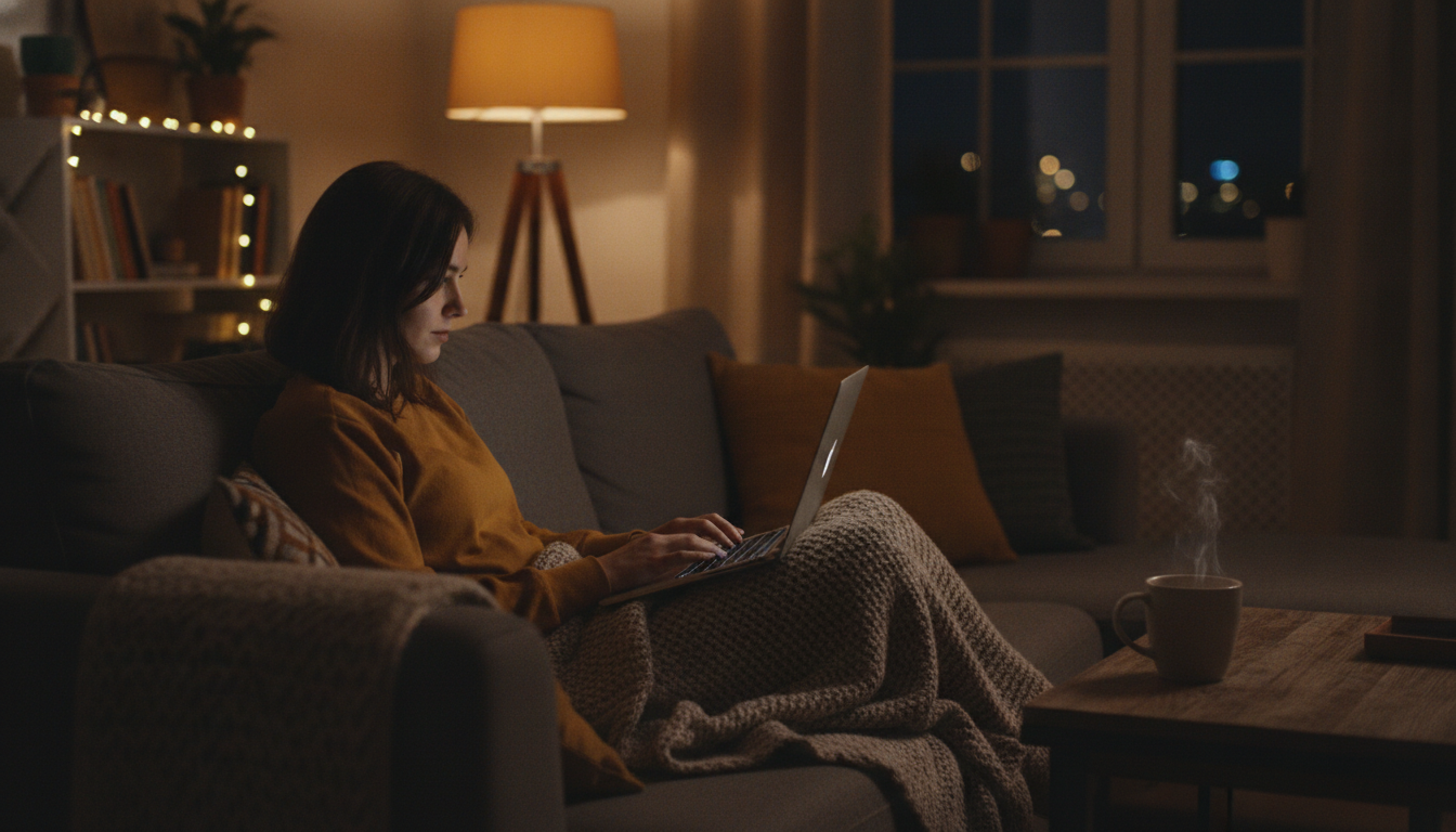 A person writing on a laptop in a cozy, softly lit living room at night. Warm lighting, a cup of tea, relaxed and comfortable atmosphere, focusing on privacy and self-discovery. Photorealistic, soft focus.