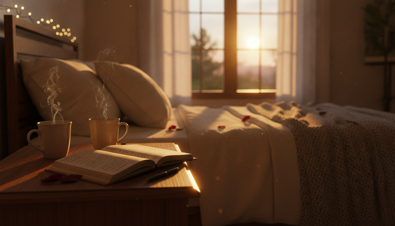 A beautiful, warm bedroom interior during sunset, with two ceramic mugs of tea resting on a bedside table next to an open notebook with elegant handwriting, soft focus, cozy and romantic atmosphere.