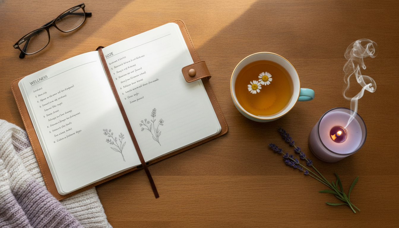 An elegant flat lay of a wellness journal, a cup of chamomile tea, and a small lavender candle burning softly on a wooden table, representing self-care and mental decompression.