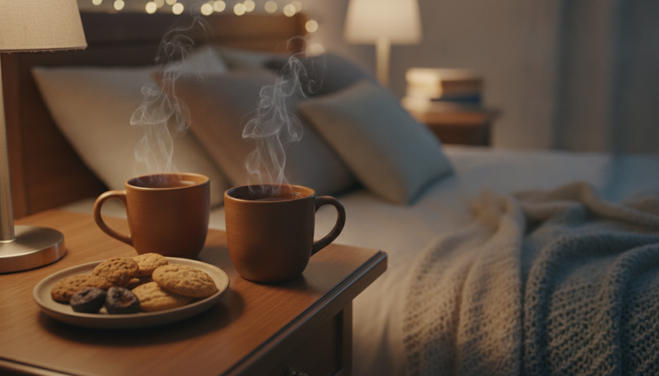 A comforting scene of two mugs of hot tea and a small plate of snacks on a bedside table, soft background of a cozy bedroom, warm and relaxing ambiance