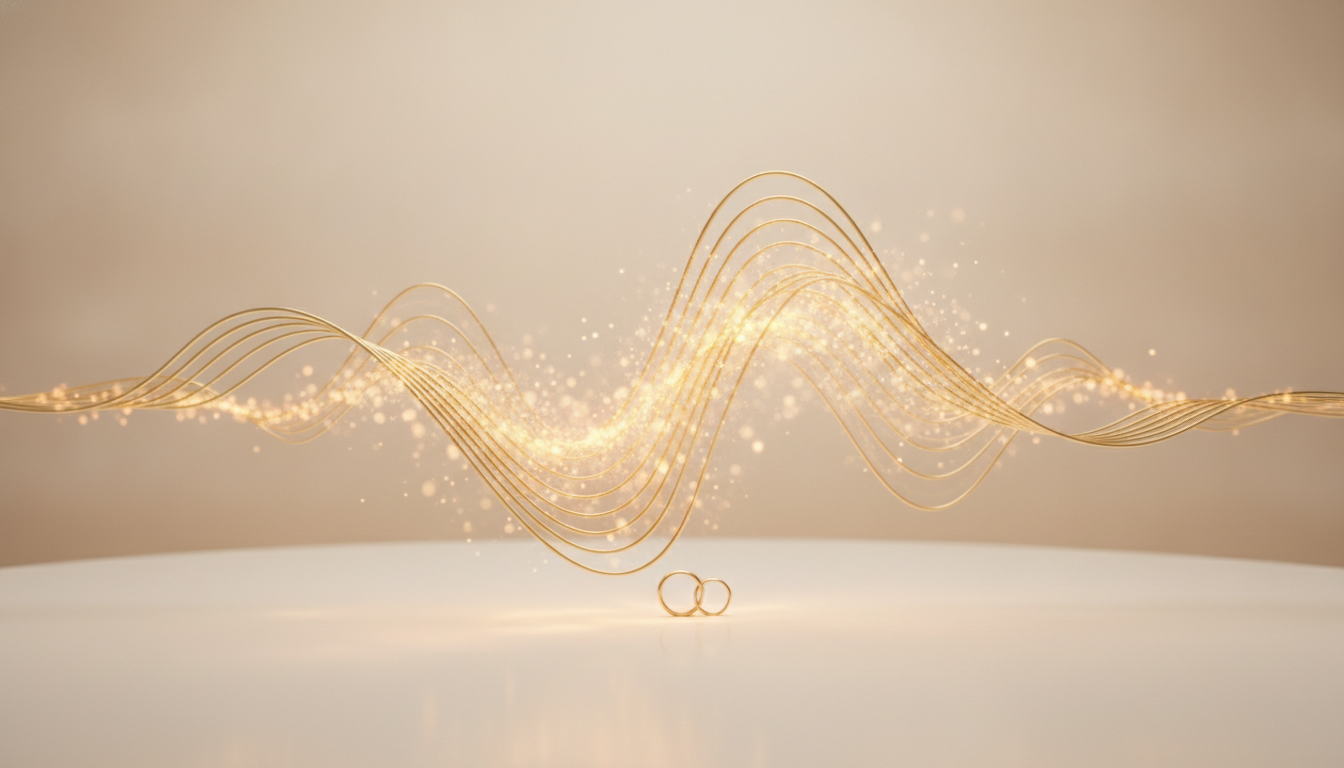 An elegant abstract representation of soundwaves transforming into warm, glowing golden light, symbolizing the power of words and communication in intimacy, minimalist style.