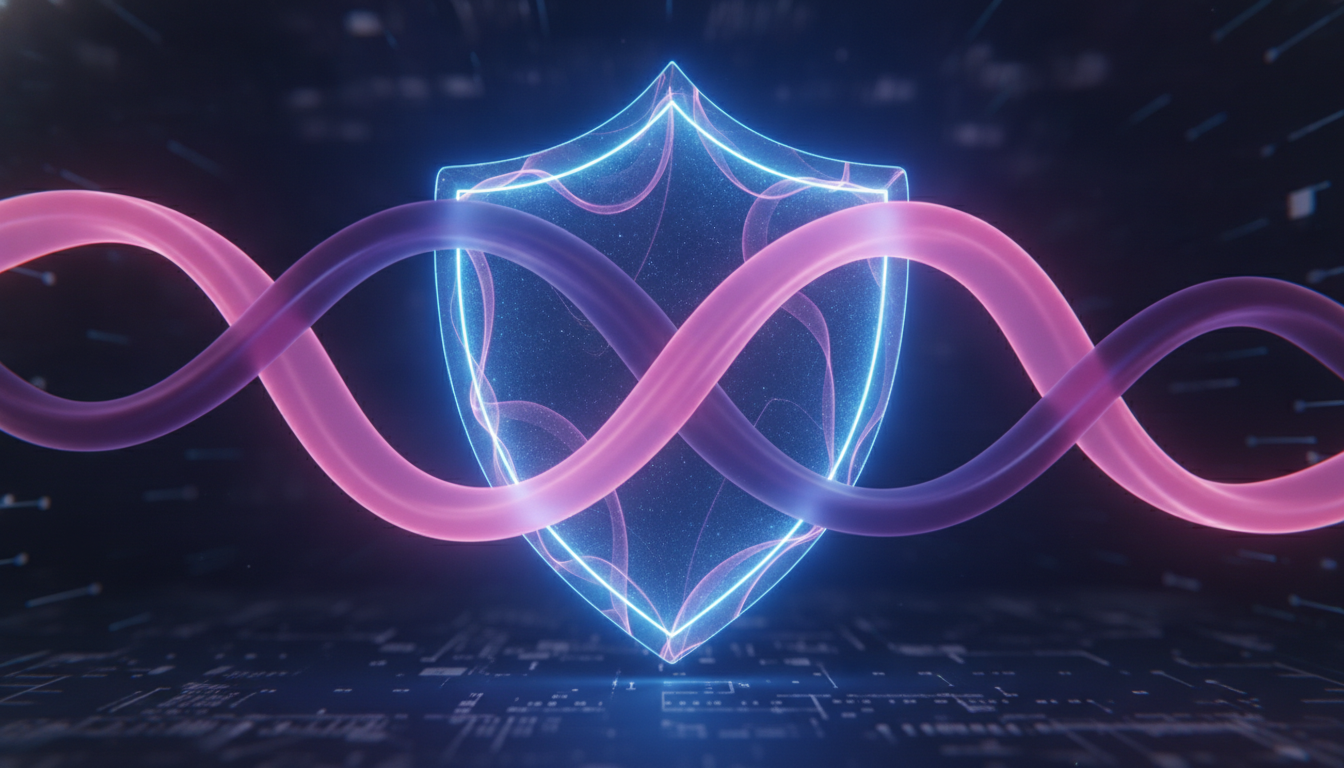 An abstract conceptual image representing digital protection and intimacy: a glowing shield interwoven with soft pink and purple neon ribbons, dark high-tech background, clean and professional design.