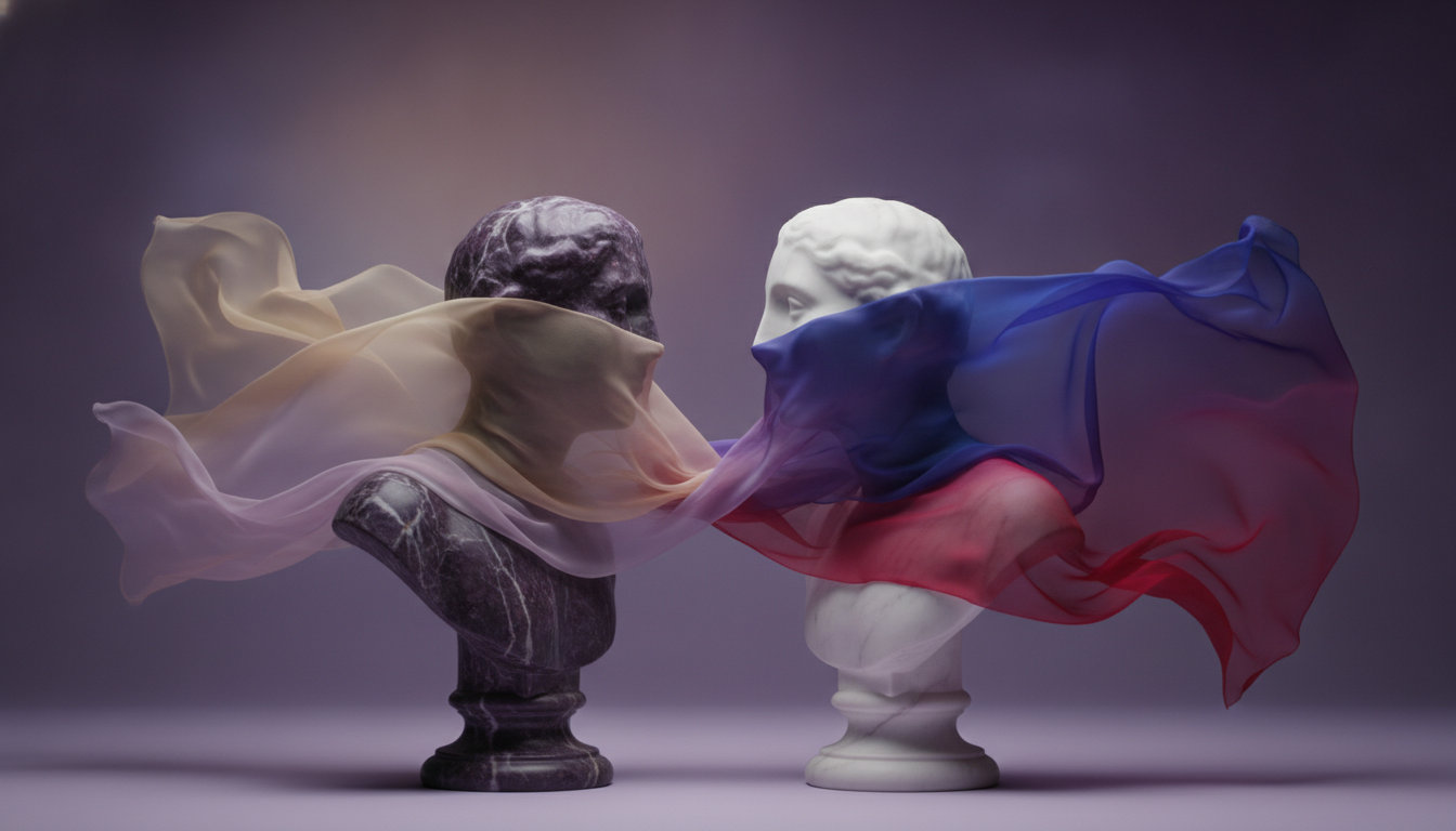 An abstract representation of duality. Two elegant marble statues face to face, one partially covered in a soft, translucent colorful silk fabric, symbolizing hidden thoughts and revealed fantasies. Modern art style, studio lighting, pastel and deep purple tones.