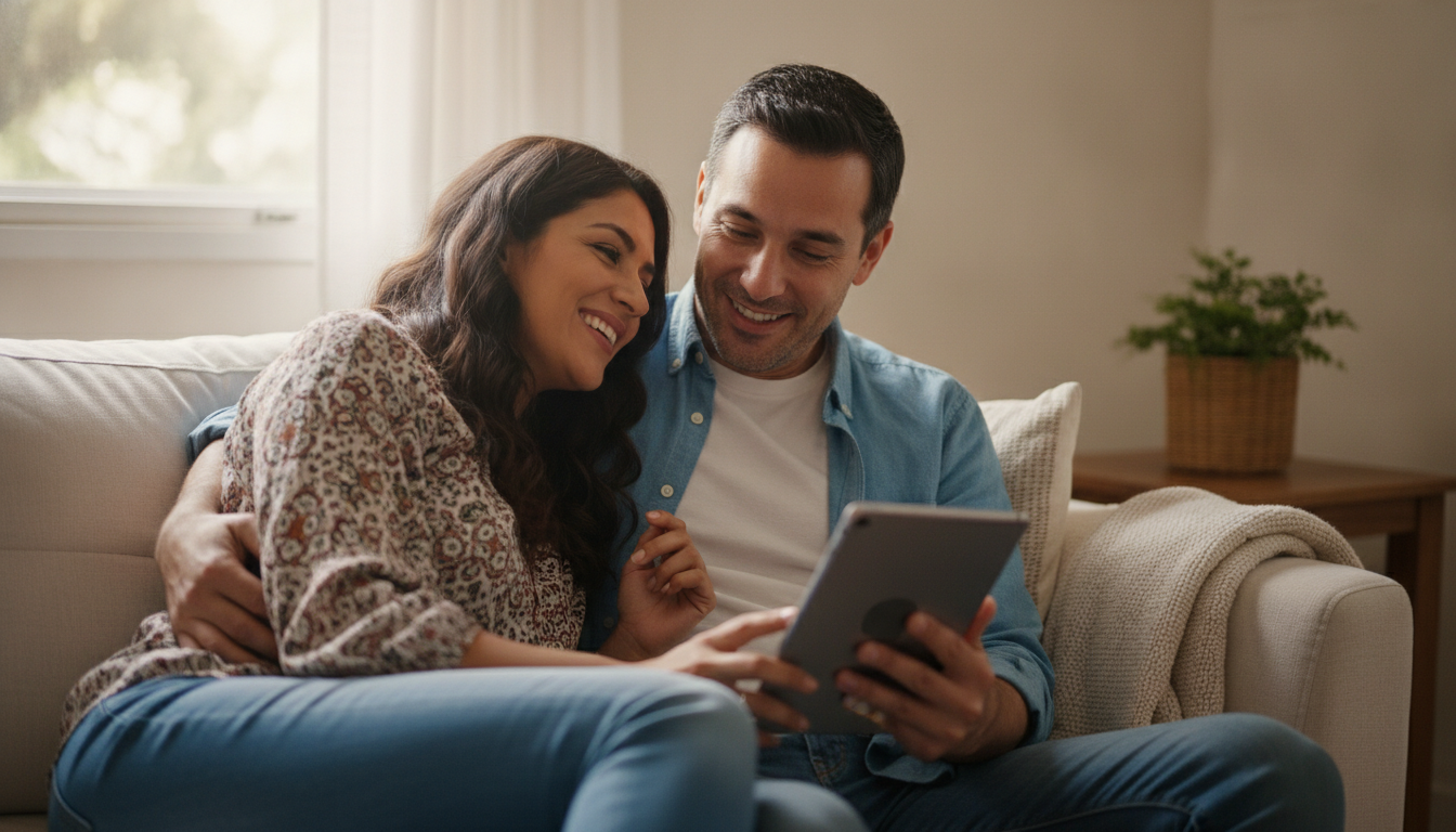 A happy Mexican couple in their 30s sitting close together on a comfortable sofa, smiling and talking while looking at a tablet together. The scene radiates trust, warmth, and mutual respect. High quality, natural lighting, candid moment.
