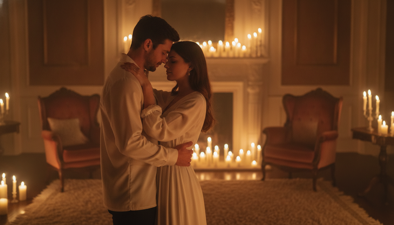 An elegant, dimly lit room with candles. A couple embracing gently, focusing on a sense of peace and deep emotional connection. The composition is respectful, artistic, and focusing on intimacy without being explicit, warm tones.