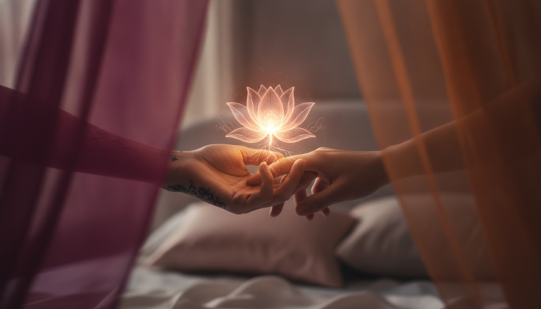 Create a stunning, professional hero image for a blog post titled "El arte del mindful sex: Cómo la atención plena puede transformar tu vida íntima". Context: Blog de FantasInc (fantasinc.com), plataforma mexicana 18+ donde usuarios publican fantasías y creadores verificados las producen, incluyendo contenido generado con IA. Temática del blog: educación sexual para adultos, consejos y bienestar íntimo, comunicación y consentimiento en pareja, cómo explorar fantasías de forma sana y segura, salud sexual, mitos y realidades, privacidad y seguridad en plataformas para adultos, y consejos para creadores de contenido. Tono: cercano, respetuoso, informativo y sin tabúes, pero SIEMPRE educativo y elegante — nunca vulgar ni gráficamente explícito. Español de México. Audiencia: adultos mexicanos 18+. Incluir disclaimers de que no sustituye consejo médico cuando aplique.. The image should be eye-catching, modern, and relevant to the topic. Use vibrant colors and professional composition. Photorealistic style.