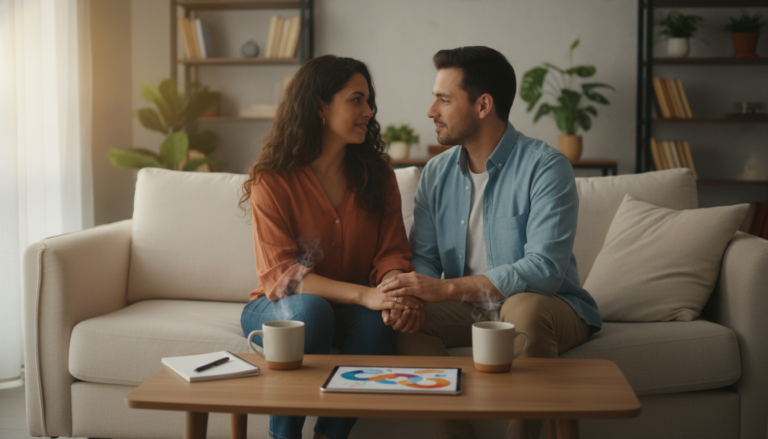 Create a stunning, professional hero image for a blog post titled "Fantasías sexuales en pareja: Cómo hablar de ellas con confianza y sin tabúes". Context: Blog de FantasInc (fantasinc.com), plataforma mexicana 18+ donde usuarios publican fantasías y creadores verificados las producen, incluyendo contenido generado con IA. Temática del blog: educación sexual para adultos, consejos y bienestar íntimo, comunicación y consentimiento en pareja, cómo explorar fantasías de forma sana y segura, salud sexual, mitos y realidades, privacidad y seguridad en plataformas para adultos, y consejos para creadores de contenido. Tono: cercano, respetuoso, informativo y sin tabúes, pero SIEMPRE educativo y elegante — nunca vulgar ni gráficamente explícito. Español de México. Audiencia: adultos mexicanos 18+. Incluir disclaimers de que no sustituye consejo médico cuando aplique.. The image should be eye-catching, modern, and relevant to the topic. Use vibrant colors and professional composition. Photorealistic style.