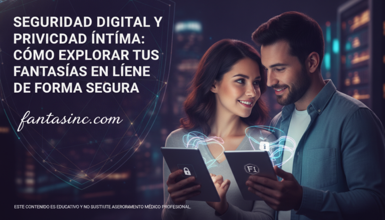 Create a stunning, professional hero image for a blog post titled "Seguridad digital y privacidad íntima: Cómo explorar tus fantasías en línea de forma segura". Context: Blog de FantasInc (fantasinc.com), plataforma mexicana 18+ donde usuarios publican fantasías y creadores verificados las producen, incluyendo contenido generado con IA. Temática del blog: educación sexual para adultos, consejos y bienestar íntimo, comunicación y consentimiento en pareja, cómo explorar fantasías de forma sana y segura, salud sexual, mitos y realidades, privacidad y seguridad en plataformas para adultos, y consejos para creadores de contenido. Tono: cercano, respetuoso, informativo y sin tabúes, pero SIEMPRE educativo y elegante — nunca vulgar ni gráficamente explícito. Español de México. Audiencia: adultos mexicanos 18+. Incluir disclaimers de que no sustituye consejo médico cuando aplique.. The image should be eye-catching, modern, and relevant to the topic. Use vibrant colors and professional composition. Photorealistic style.