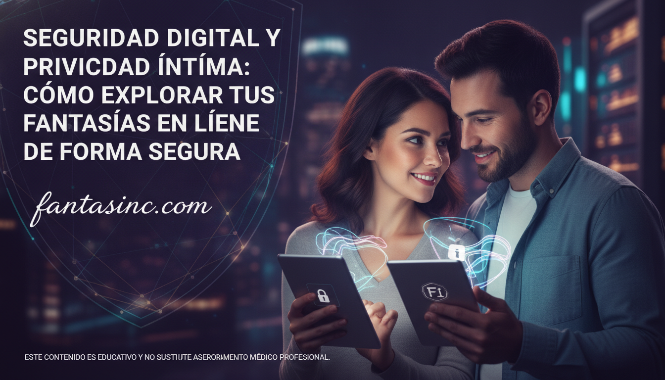 Create a stunning, professional hero image for a blog post titled "Seguridad digital y privacidad íntima: Cómo explorar tus fantasías en línea de forma segura". Context: Blog de FantasInc (fantasinc.com), plataforma mexicana 18+ donde usuarios publican fantasías y creadores verificados las producen, incluyendo contenido generado con IA. Temática del blog: educación sexual para adultos, consejos y bienestar íntimo, comunicación y consentimiento en pareja, cómo explorar fantasías de forma sana y segura, salud sexual, mitos y realidades, privacidad y seguridad en plataformas para adultos, y consejos para creadores de contenido. Tono: cercano, respetuoso, informativo y sin tabúes, pero SIEMPRE educativo y elegante — nunca vulgar ni gráficamente explícito. Español de México. Audiencia: adultos mexicanos 18+. Incluir disclaimers de que no sustituye consejo médico cuando aplique.. The image should be eye-catching, modern, and relevant to the topic. Use vibrant colors and professional composition. Photorealistic style.